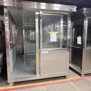 6.5 x 12 Stainless Steel Guard Shack, Double Sliding Door on 6.5ft side, Plain Jane with wheels