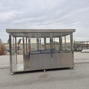 6.5 x 12 Stainless Steel Guard Shack, Double Sliding Door on 12ft side,Parallel ,  Plain Jane with wheels