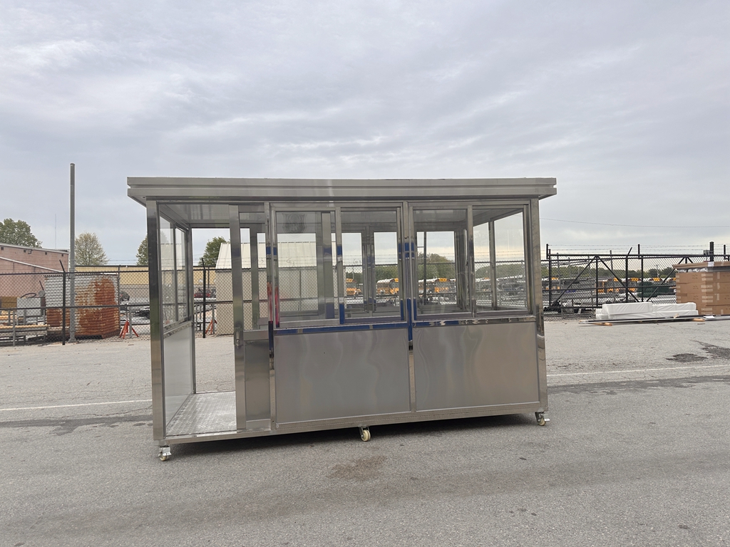 6.5 x 12 Stainless Steel Guard Shack, Double Sliding Door on 12ft side,Parallel , Plain Jane with wheels
